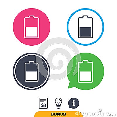 Battery half level sign icon. Low electricity. Vector Illustration