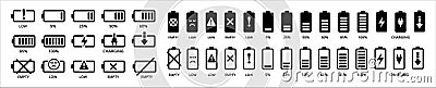 Battery icon set. Battery capacity icon. Battery percentage level signs. Battery remaining energy level icon. Battery Charging Stock Photo