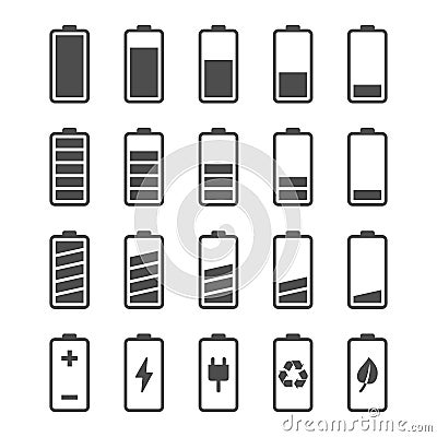 Battery icon set with charge level indicators Vector Illustration