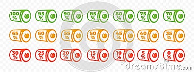 Battery icon set with percentage capacity indicator icons design. Accumulator charging level in alkaline battery graphic Vector Illustration