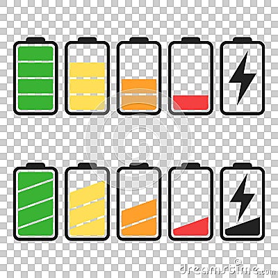 Battery icon vector set on isolated background. Symbols of battery charge level, full and low. The degree of battery power flat v Vector Illustration