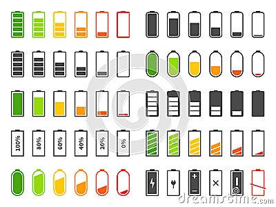 Battery icons. Charging level batteries charge indicator, alkaline tags rechargeable levels. Full, low and empty battery Vector Illustration