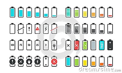 Battery icons. Phone charge level, UI design elements of battery percentage, full low and empty battery status. Vector Vector Illustration
