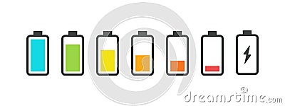 Battery icons. Phone charge status, smartphone UI symbols. Vector charge indicator icons set Vector Illustration