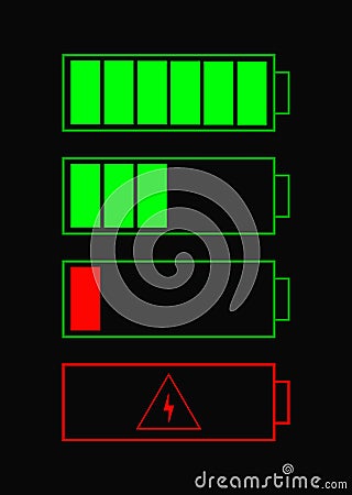 Battery indicator items. battery icons set for website. Battery charge status with low and high energy levels.Accumulator icon Vector Illustration