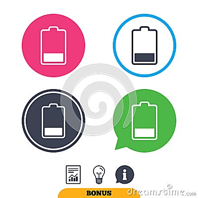 Battery low level sign icon. Electricity symbol. Vector Illustration