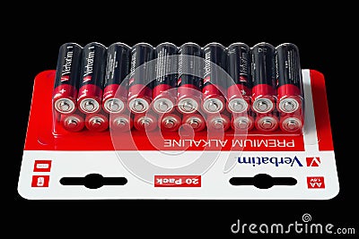 Battery packaging. Verbatim brand batteries. Isolated on a black. Ukraine. Kyiv. 11.03.2023 Editorial Stock Photo