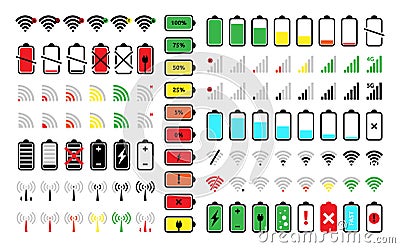 Battery and phone signal signs. Charge status, ui network, strength bar charger or cell, laptop download line Vector Illustration