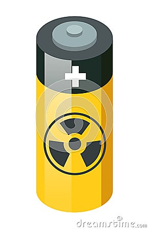 Battery with radioactive warning yellow circle sign. Radioactivity warning vector symbol Vector Illustration