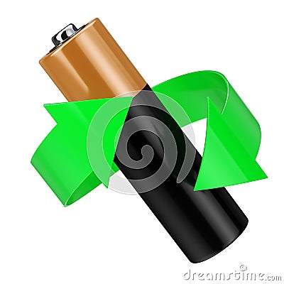 Battery Recycling Concept. Green Arrow Around Battery. 3d Render Stock Photo