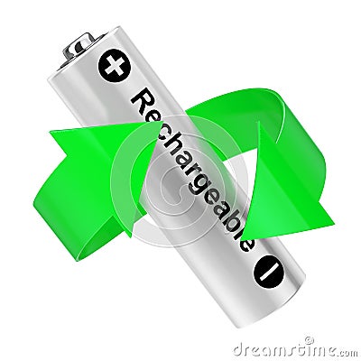 Battery Recycling Concept. Green Arrow Around Rechargeable Battery. 3d Rendering Stock Photo