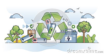 Battery recycling and old used alkaline accumulators reuse outline concept Vector Illustration