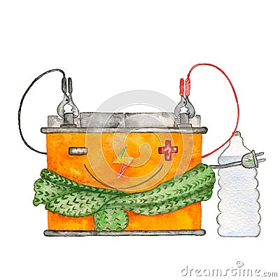 Battery service. Accumulator battery with jumper cables and dist Cartoon Illustration