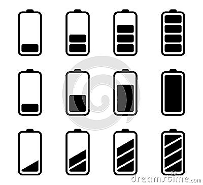 Battery status icon. Phone battery icon set. Mobile battery level in black. Phone charge indicator in black. Stock vector Vector Illustration