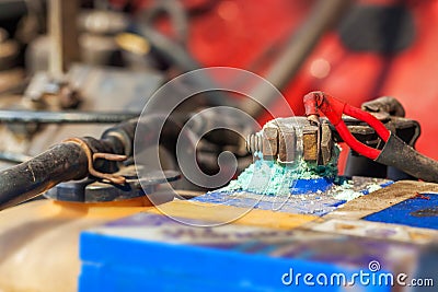 Battery terminals corrode Stock Photo