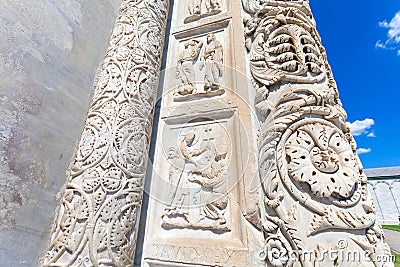 Battistero Pisa entrance sculpture detail, Piazza del Duomo Stock Photo