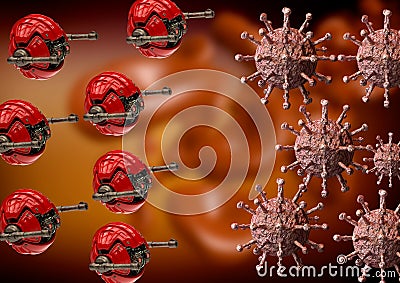 Battle against Covid-19, caused by the coronavirus. Nanorobots inside the human body fighting Coronavirus. Covid-19 medication and Stock Photo