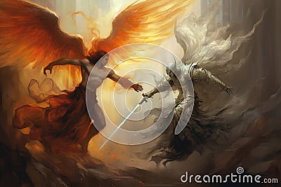 Battle between an angel and a demon. This artwork brings to life the eternal struggle between good and evil, showcasing the Cartoon Illustration