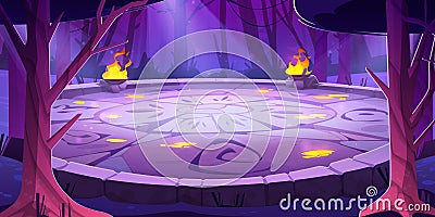 Battle arena with runes at night in magic forest Vector Illustration