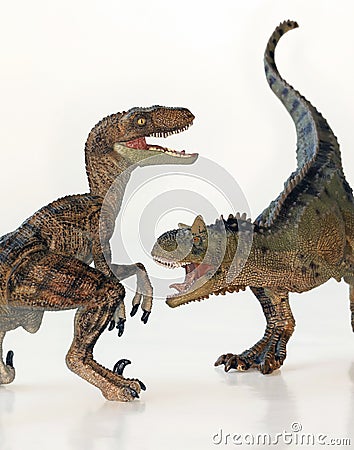 A Battle Between a Carnotaurus and a Velociraptor Stock Photo