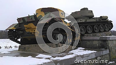 Battle of Dukla Pass Memorial. A monument of the two tanks commemorating World War II. Svidnik, Slovakia Editorial Stock Photo