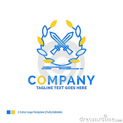 battle, emblem, game, label, swords Blue Yellow Business Logo te Vector Illustration