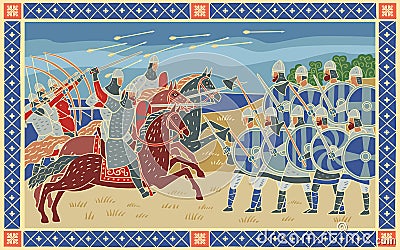 Battle of Hastings. Stylized image in the form of a book medieval miniature Vector Illustration