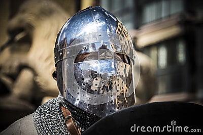 Medieval knight in armor. Detail of the helmet Editorial Stock Photo