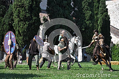 Battle reenactment with Celtic Knights and Ancient Romans Editorial Stock Photo