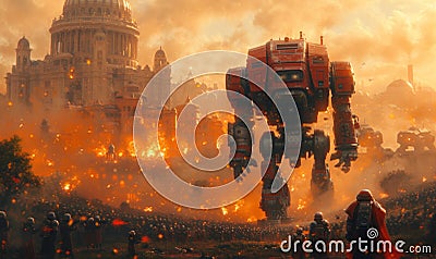 A battle scene with explosions. A massive robot, towering over the landscape, stands firmly on top of a vast field Stock Photo