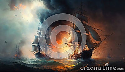 Battle of sea, old sailing ships in fire and smoke, illustration, generative AI Cartoon Illustration