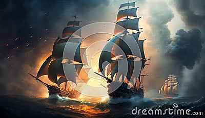 Battle of sea, old sailing ships in fire and smoke, illustration, generative AI Cartoon Illustration