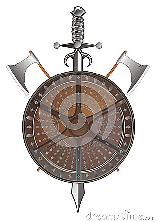 Battle shield with axes and sword Stock Photo