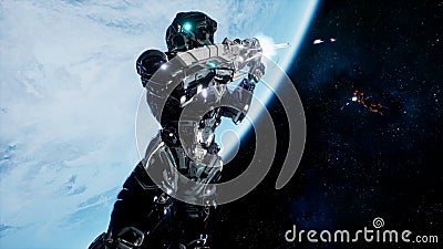 Battle of soldiers of the future in open space near the blue planet. Shootout in deep space. 3D Rendering. Stock Photo