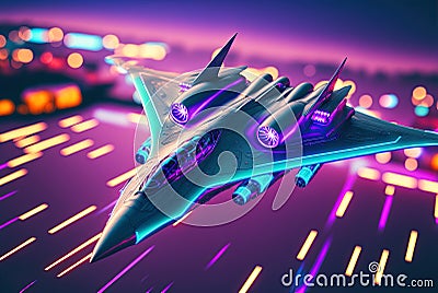 Battle spaceship with neon lights. Futuristic flight in space. Background with sci-fi spacecraft. Generated AI. Stock Photo