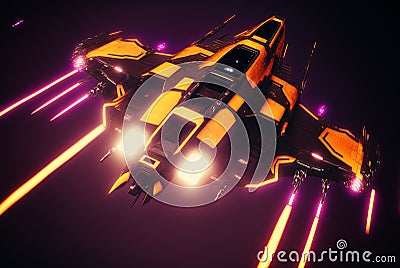 Battle spaceship with neon lights. Futuristic flight in space. Background with sci-fi spacecraft. Generated AI. Stock Photo