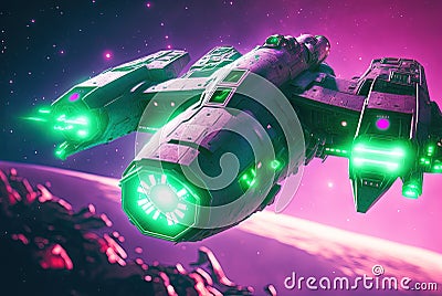 Battle spaceship with neon lights. Futuristic flight in space. Background with sci-fi spacecraft. Generated AI. Stock Photo