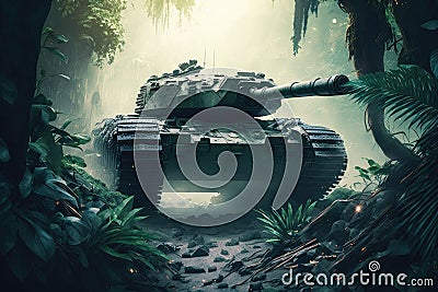 battle tank navigating through dense jungle, ready for battle Stock Photo