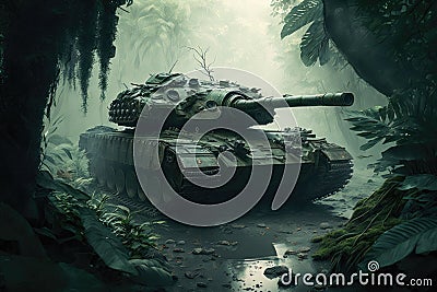 battle tank navigating through dense jungle, ready for battle Stock Photo