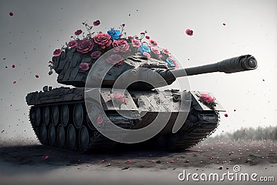 Battle tank shooting flowers Stock Photo