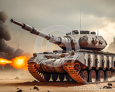 Battle tanks driving through war zone battlefield in desert Stock Photo