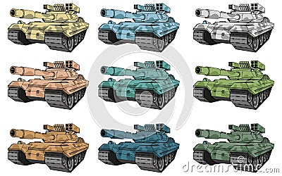 Battle tanks set, different types of camouflage tank, battle tank colored drawing. Vector Illustration