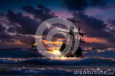 A battle between two sailing ships on the open sea during a storm. Pirate attack on a merchant ship Stock Photo