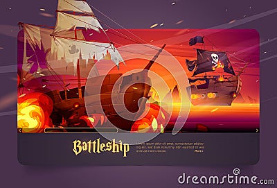 Battleship cartoon web banner, pirate ship battle Vector Illustration