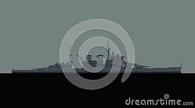 HMS Renown. Battlecruisers of the Royal Navy. Silhouette of World War 2 combat ship. Cartoon Illustration