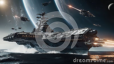 a battleship and several space ships in the water next to an earth Cartoon Illustration