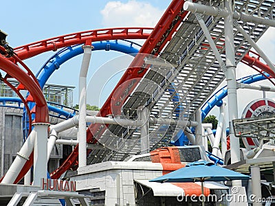 Battlestar galactica roller coaster metal rail structure at Universal Studios Singapore in Sentosa, Singapore Editorial Stock Photo