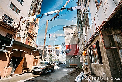 Batumi, Adjara, Georgia. Hung Laundry Drying On A Rope In Courtyard Editorial Stock Photo