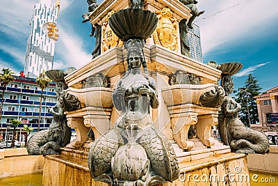 Batumi, Adjara, Georgia. Neptune Fountain in park on Rustaveli Ave Editorial Stock Photo