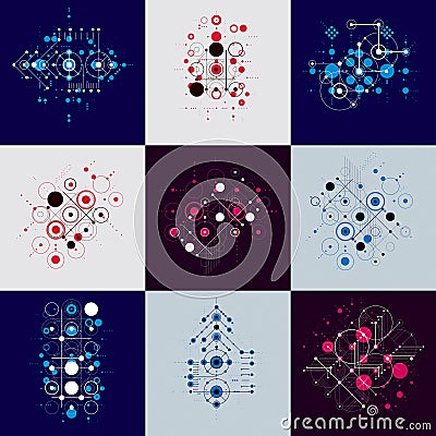 Bauhaus art composition. Set of decorative modular vector wallpapers with circles and grid. Retro style patterns Vector Illustration